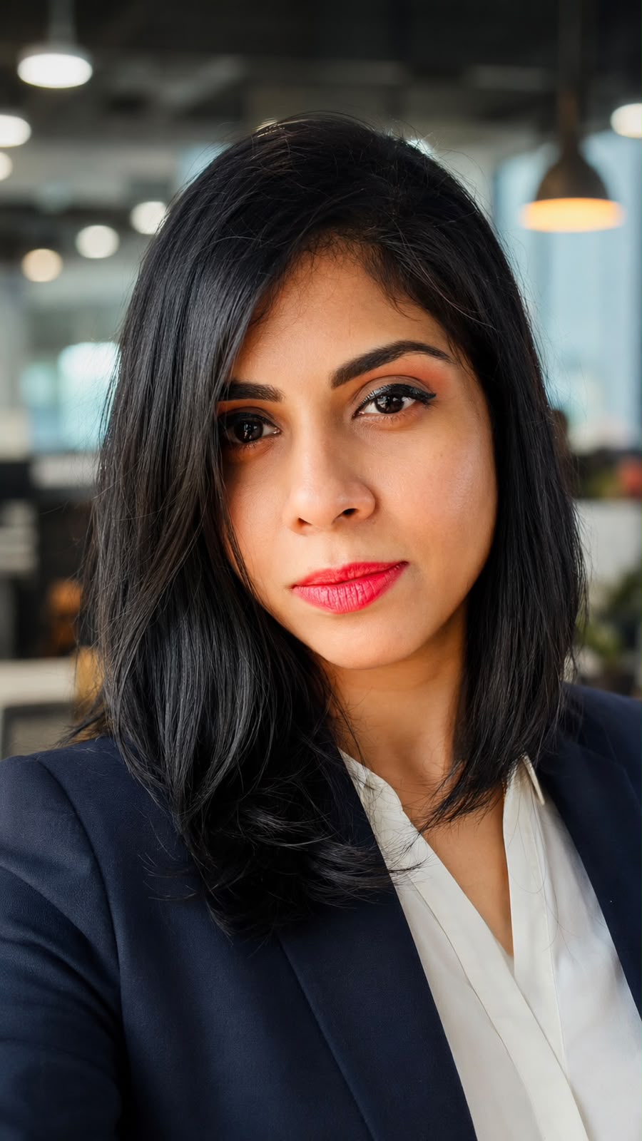 Priya in a dark suit in a bright workspace